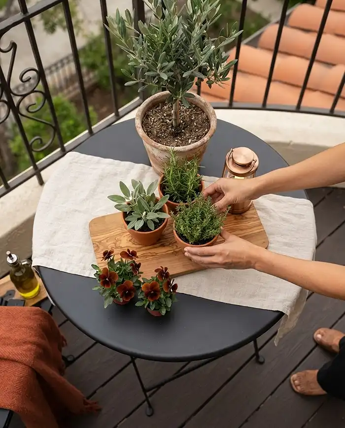 Building a Mediterranean table setup in order from linen runner to tray, olive centerpiece, herb pots, and lantern