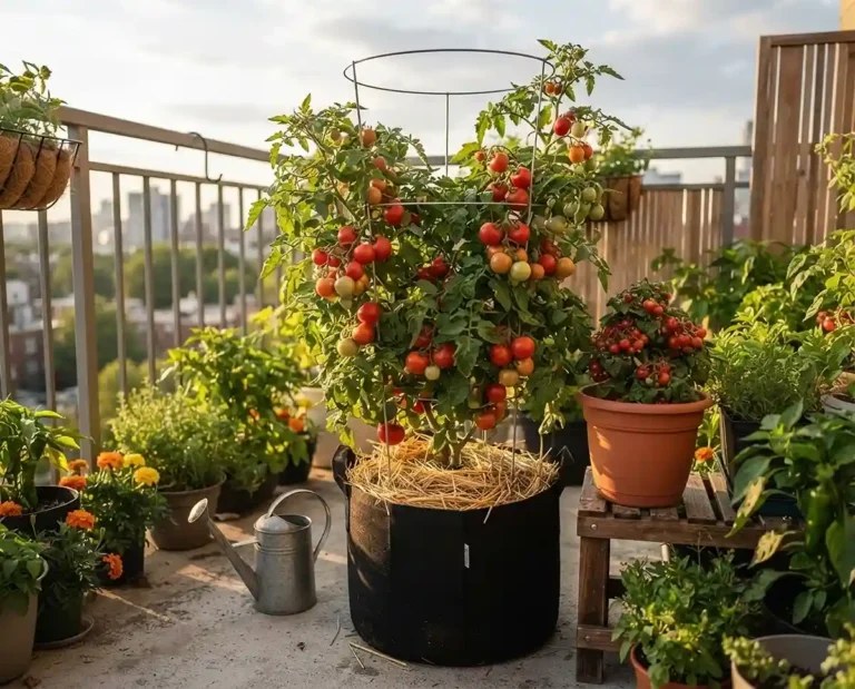 Caged Patio Princess and Tiny Tim tomatoes heavy with fruit in grow bags on a sunny balcony in summer light