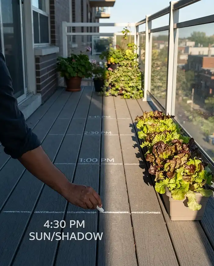 Chalk-marking the lowering autumn sun shadow line across a balcony to place salad containers in the brightest zone.