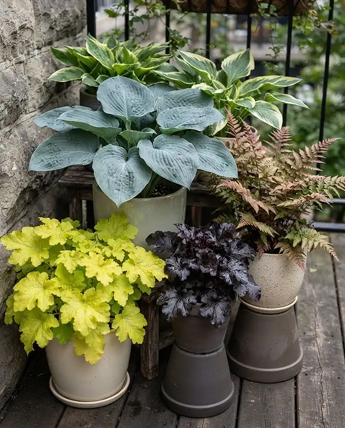 North Facing Balcony Plants: Best Choices for Apartments 3 Chartreuse and near-black heuchera with blue-green hosta and coppery fern, top north facing balcony plants for foliage color.