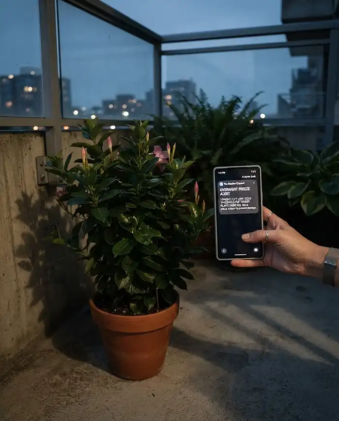 Bringing Outdoor Plants Inside for Winter 2 Checking a 55°F nighttime low weather alert beside a potted tropical, the signal to start moving plants indoors