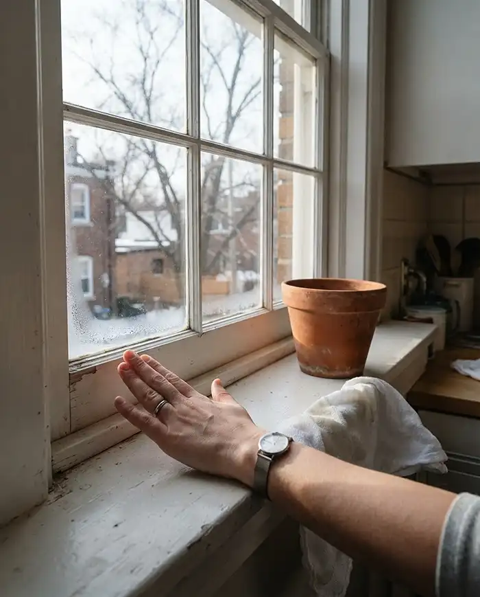 Checking a south‑facing window for drafts and low winter sun before setting up an indoor herb garden
