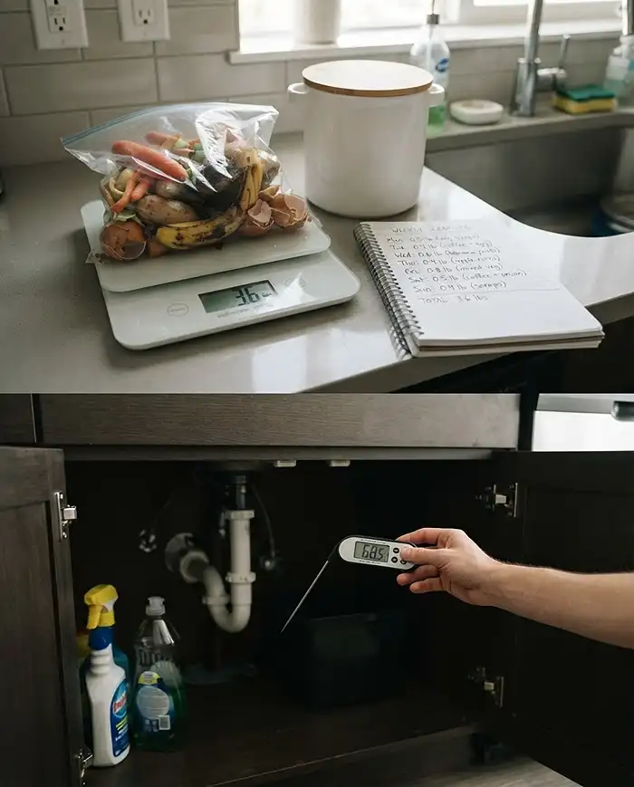 Checking under‑sink temperature and weighing a week of food scraps, evaluating a small space for apartment composting