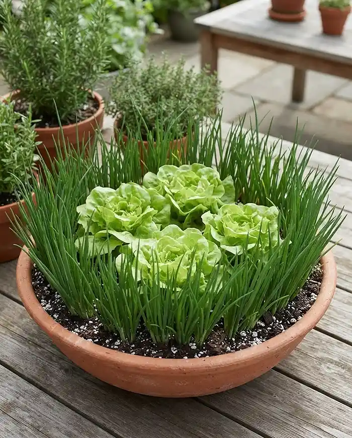 Herbs to Grow With Lettuce in Containers 3 Chives ringing a center lettuce cluster in a bowl, a top herb to grow with lettuce in containers for pest control. herbs to grow with lettuce in containers