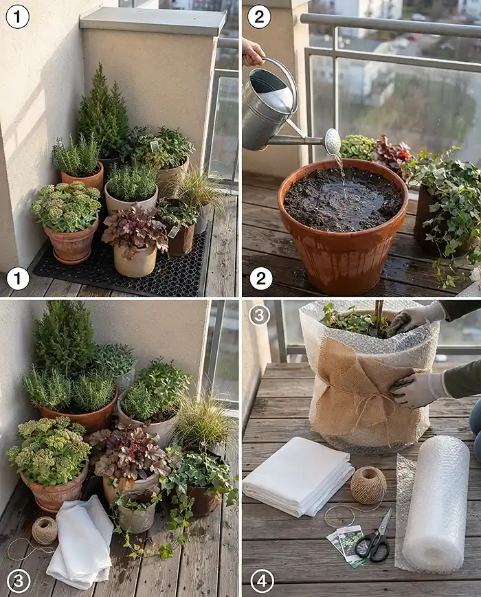 How to Protect Balcony Plants From Frost 4 Clustering, watering, and wrapping pots in order the afternoon before a freeze, following the cold-snap prep steps
