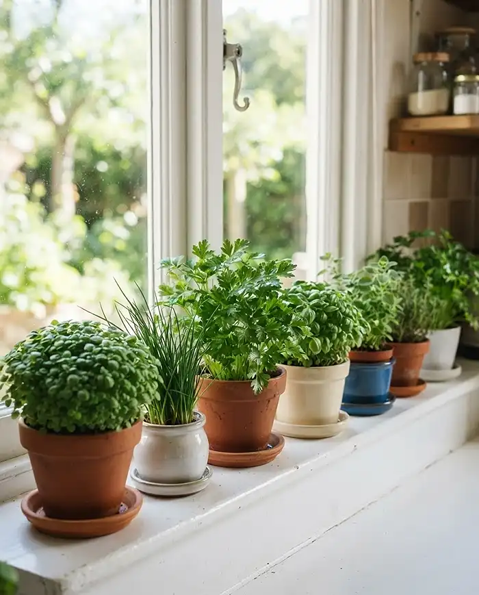 Indoor Kitchen Herb Garden 3 Compact basil, chives, and parsley thriving in pots on a sunny sill, the best herbs for an indoor kitchen herb garden
