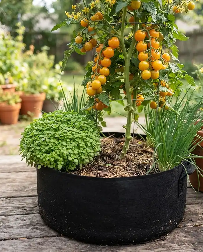 Compact basil planted beside a cherry tomato in a grow bag, a top companion herb for cherry tomatoes in pots