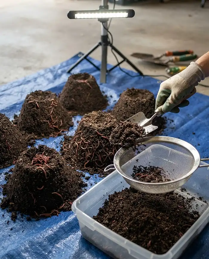 Coning worm castings under a lamp so worms burrow down, then sifting the finished compost through mesh, harvesting apartment compost