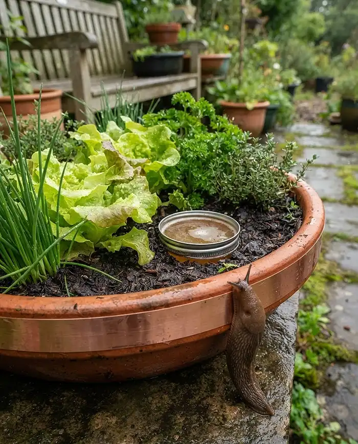 Herbs to Grow With Lettuce in Containers 5 Copper tape on a bowl rim and a sunken beer trap deterring slugs from a mixed lettuce and herb container