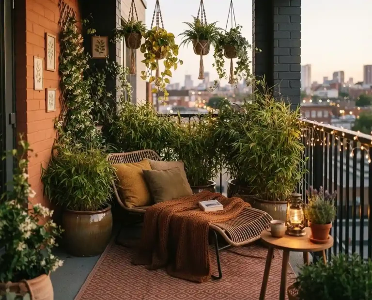 Cozy balcony corner nook with a rug, knit throw, bamboo screen, hanging vines, herbs, and warm string lights at dusk