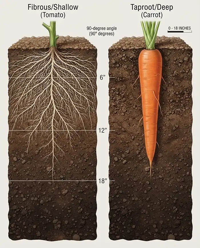 Pot Size for Vegetables: Match Pots to Root Depth 2 Cross-section comparing a wide fibrous tomato root system with a deep carrot taproot to show why root type dictates pot depth