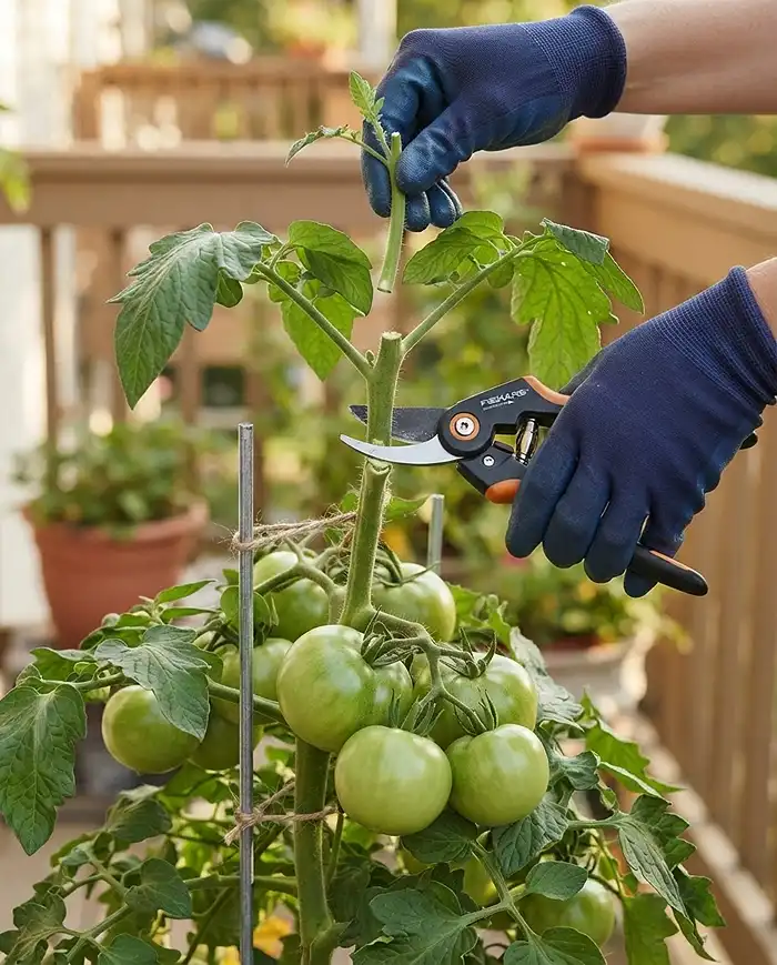 Pruning Tomatoes End of Season 3 Cutting the main stem an inch above the top fruit cluster, topping a container tomato when pruning at end of season