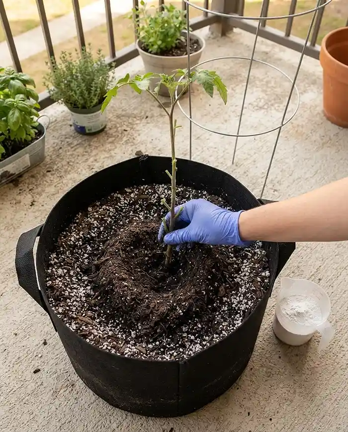 How to Grow Tomatoes in Pots From Seed to Harvest 3 Deep‑planting a tomato seedling up to its neck in a calcium‑rich grow bag with a cage ready, learning how to grow tomatoes in pots from seed.