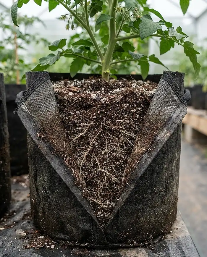 Dense air-pruned feeder roots branching at the fabric wall of a grow bag, showing why bag size and breathability matter.