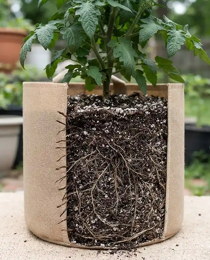 Pot Size for Vegetables: Match Pots to Root Depth 4 Dense air-pruned roots branching at the wall of a fabric grow bag, showing why fabric bags use root space efficiently