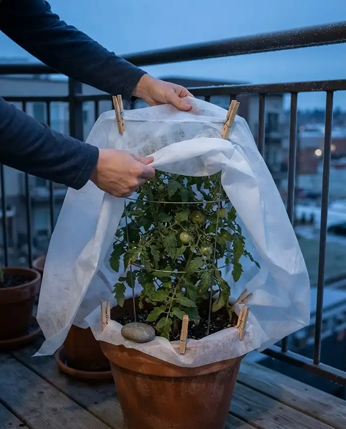 Extend Growing Season on Balcony 3 Draping breathable frost fleece loosely over a potted tomato and clipping the edges to extend the balcony growing season