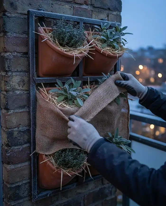 Fall Vertical Herb Garden Ideas That Actually Thrive 5 Draping burlap over a mulched vertical herb wall on a frosty night to protect shallow pockets from root freeze