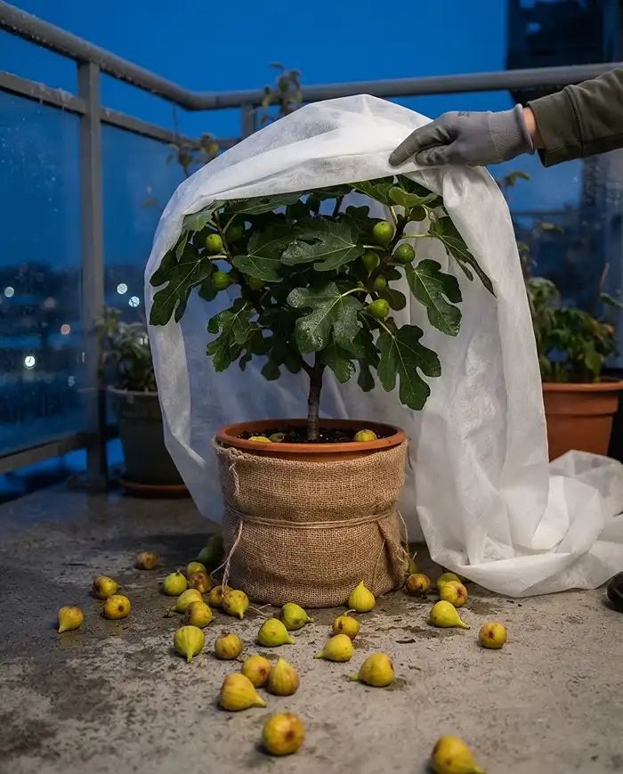 Fall Balcony Planters With Grasses: Fruit & Plant Ideas 5 Draping fleece over a fig dropping yellow unripe figs and wrapping the pot in burlap, protecting fruit from cold shock.