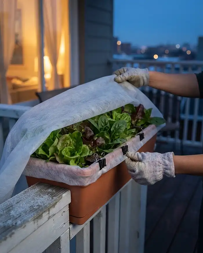 Draping horticultural frost fleece over a balcony lettuce box at dusk to protect greens from an early frost snap