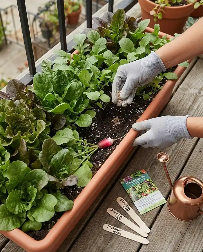 Dropping lettuce seed into the gap left by a pulled radish, following the succession-sowing schedule for continuous harvests.