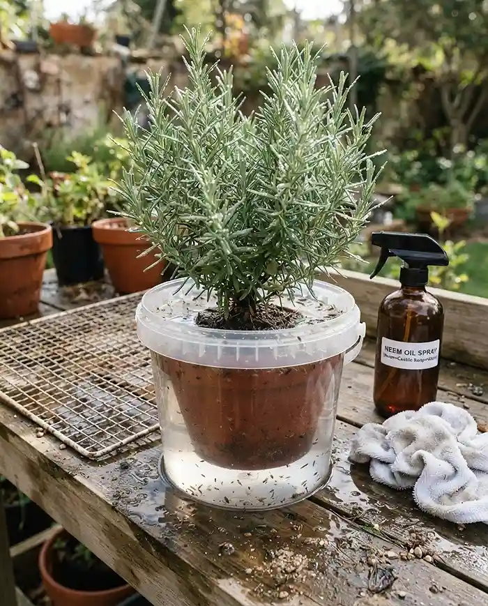 Bringing Herbs Indoors for Winter 3 Dunking a rosemary root ball in water beside a neem spray, the pest quarantine step for bringing herbs indoors for winter
