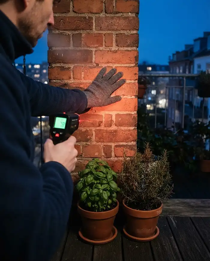 Extend Growing Season on Balcony 2 Feeling radiant heat from a sun-warmed brick wall with pots pushed flush against it, a balcony frost microclimate hack