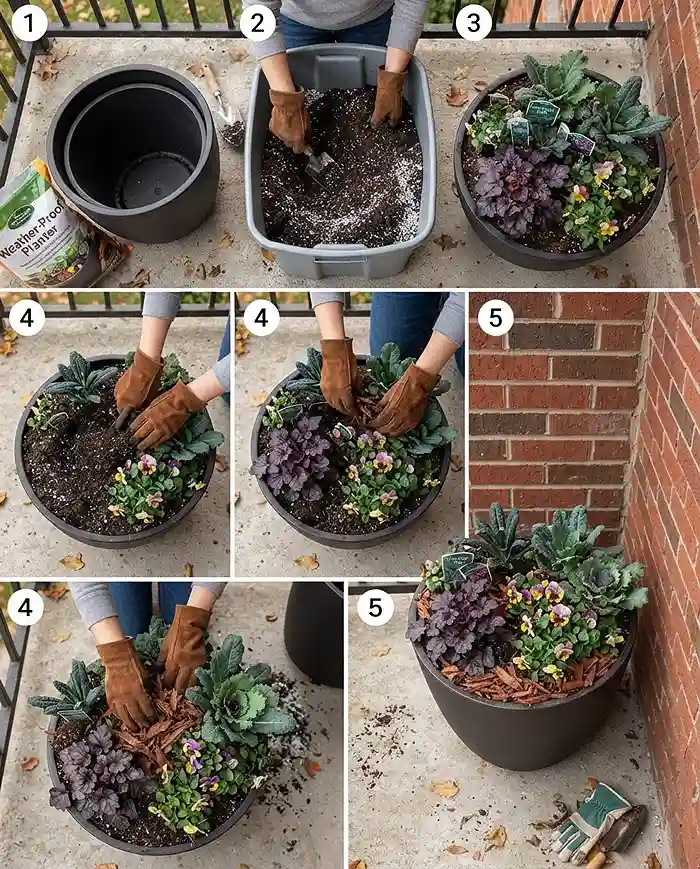 Best Fall Balcony Plants for Changing Autumn Weather 4 Filling a resin pot with perlite mix, packing plants tightly, and mulching against a wall, following the autumn container steps