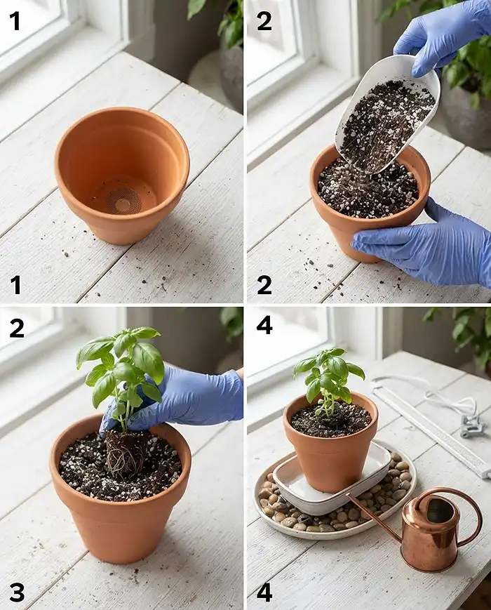 Filling a terracotta pot with a 503020 mix and planting a rooted basil cutting on a pebble tray, following the winter setup steps