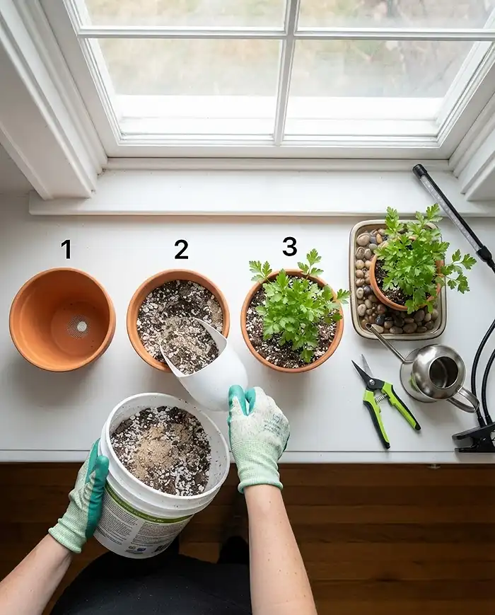 Filling a terracotta pot with perlite‑sand mix and planting parsley on a pebble tray, following the indoor herb setup steps