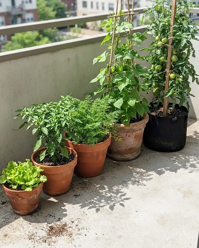 Five vegetable containers of increasing depth holding lettuce, peppers, carrots and a staked tomato plant
