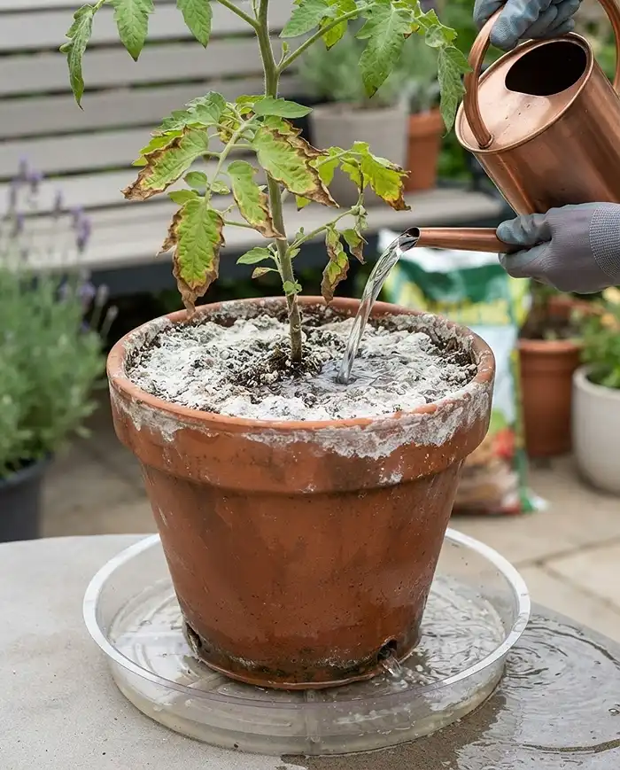 Nutrient Deficiency in Container Plants 5 Flushing a salt-crusted pot with water to leach excess fertilizer causing brown leaf margins mistaken for potassium deficiency.