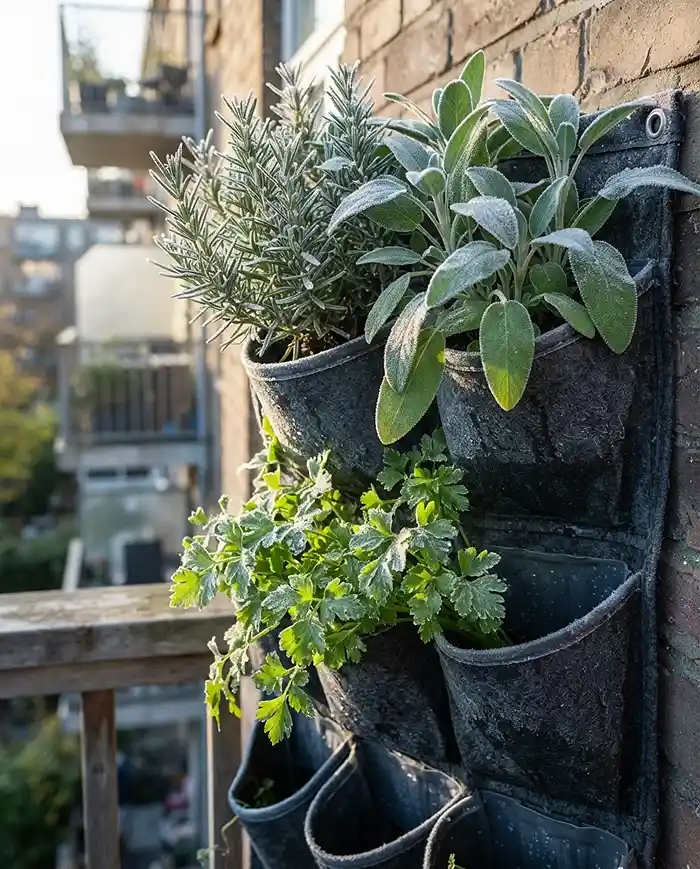 Fall Vertical Herb Garden Ideas for Small Balconies 3 Frost-dusted rosemary, sage, and parsley in stacked pockets, top cold-hardy herbs for a fall vertical herb garden