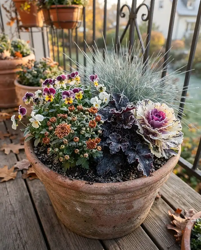 Best Fall Balcony Plants for Changing Autumn Weather 3 Frost-touched violas, mums, purple Heuchera, and ornamental cabbage in a pot, the best fall balcony plants for fluctuating weather