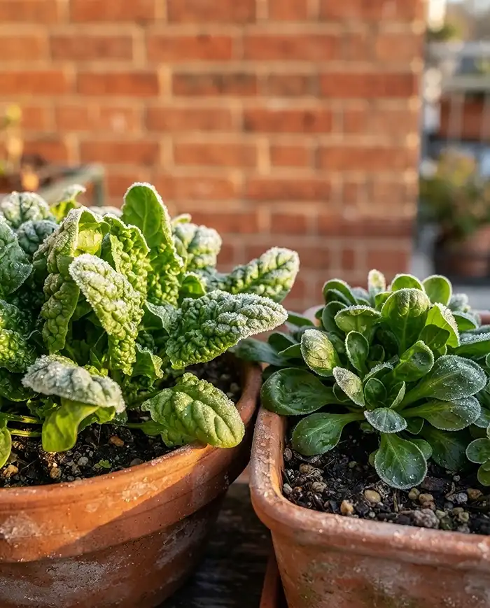 Vegetables to Plant in October: Best Crops for Winter 3 Frost‑rimmed Bloomsdale spinach and mache in pots, two of the best cold‑hardy vegetables to plant in October for a winter harvest