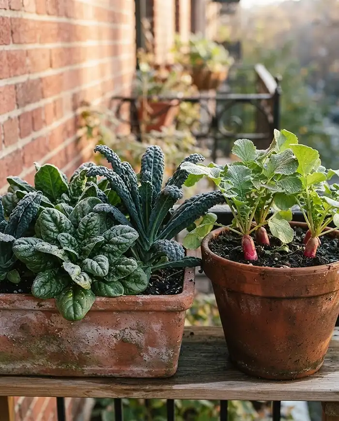 Fall Container Vegetable Garden 3 Frost‑touched Lacinato kale, Bloomsdale spinach, and French Breakfast radishes in pots, the best cold‑hardy crops for a fall container vegetable garden