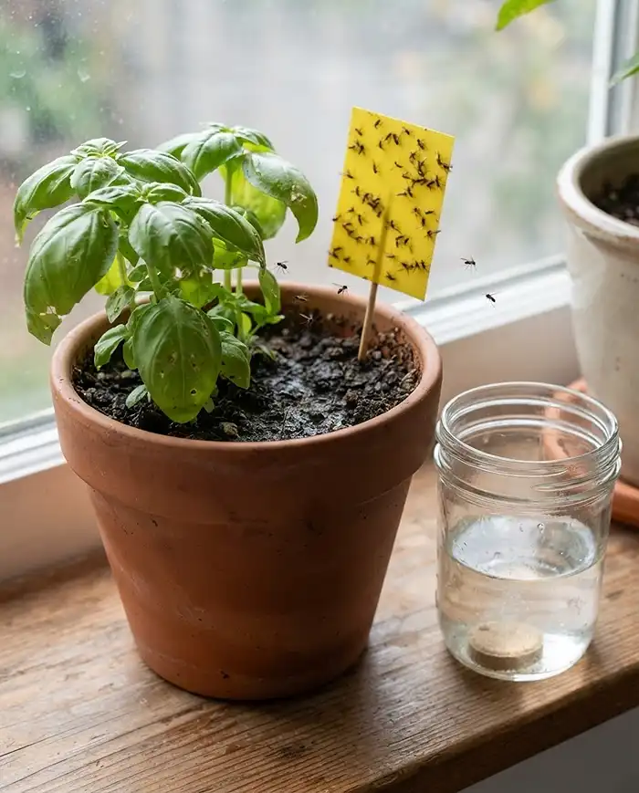 Fungus gnats over damp herb-pot soil with a yellow sticky trap and BTI mosquito dunk tea set up to eradicate them.