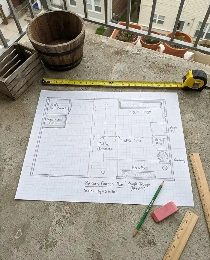 Rustic Balcony Garden Ideas for a Warm, Natural Look 2 Graph paper layout sketch and tape measure marking a 24-inch walkway, planning a rustic balcony garden