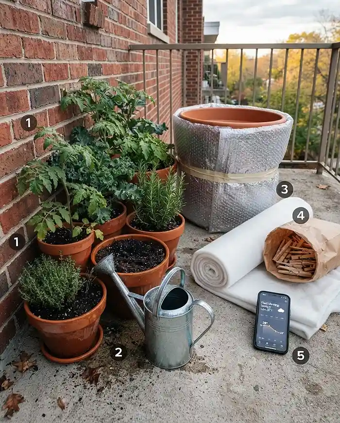 Extend Growing Season on Balcony 4 Grouping, watering, and wrapping balcony pots against a wall in order the afternoon before a forecasted frost