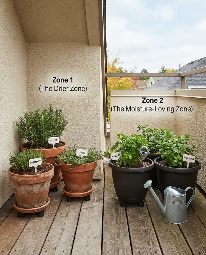 Watering Potted Herbs in Fall: Habits That Save Your Herbs 4 Grouping woody herbs under an overhang and leafy herbs in the open, hydrozoning pots by fall thirst level
