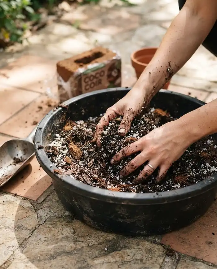 Hands blending potting mix with perlite, coconut coir and compost in a tub for container vegetables