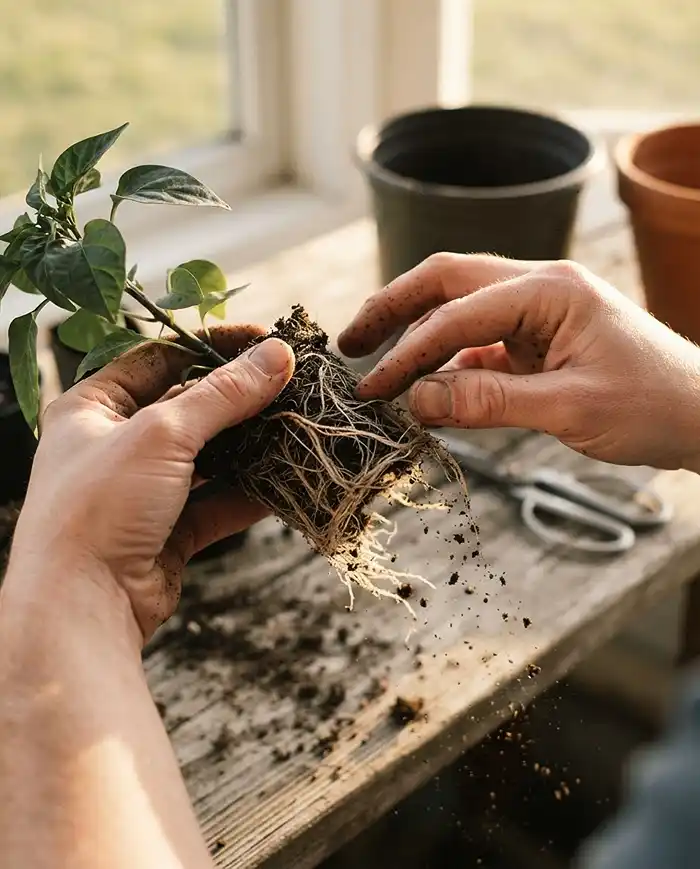 Hands loosening the coiled outer roots of a pepper seedling before transplanting it into a larger pot