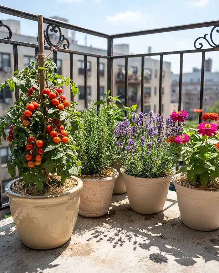 Best Balcony Plants by Sun Direction 3 Heat-tolerant tomatoes, lavender, and zinnias in large pots on a hot south balcony, top balcony plants for that sun direction