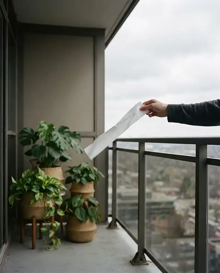Holding tissue to find a balcony wind tunnel before placing natural-fiber baskets in a sheltered corner