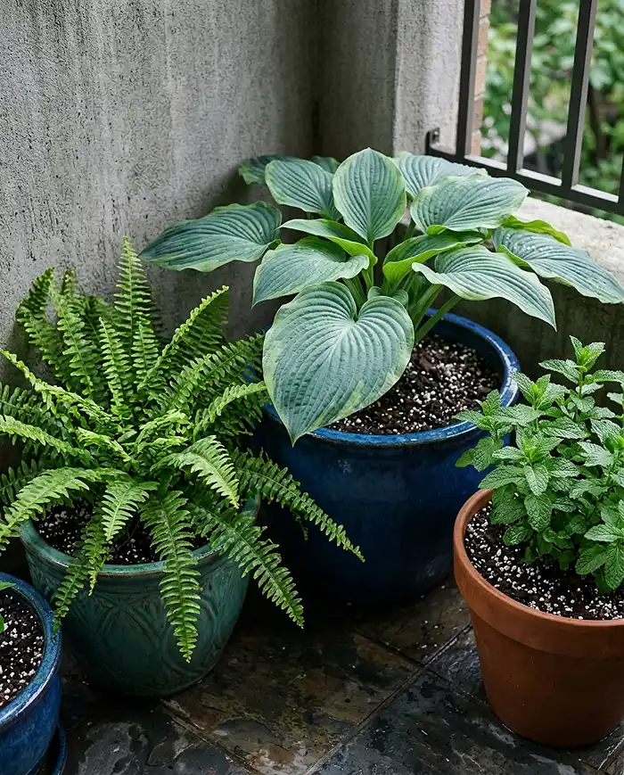 Best Balcony Plants by Sun Direction 4 Hostas, Boston fern, and mint thriving in soft indirect light on a shaded north-facing balcony.