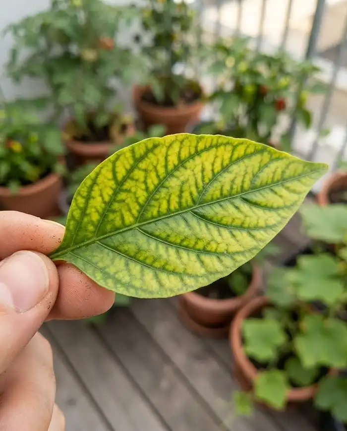 Nutrient Deficiency in Container Plants 3 Interveinal chlorosis with yellow tissue and green veins on a container leaf, a clear nutrient deficiency sign in potted plants.