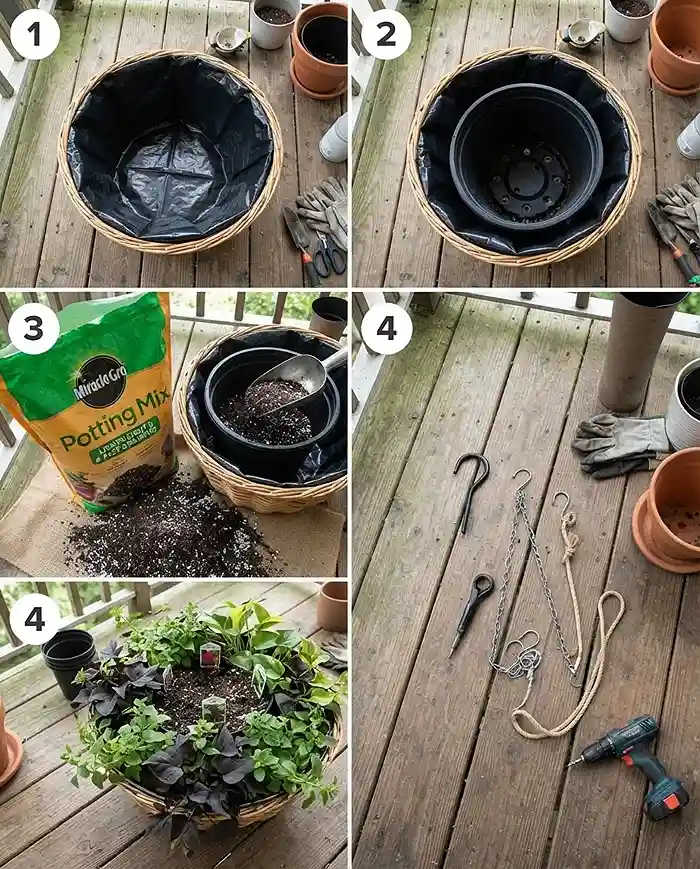 Trailing Balcony Plants: Basket Garden Ideas That Work 4 Lining a basket, blending perlite potting mix, and planting plugs at the edge, following the basket planting steps