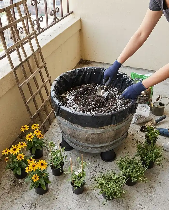 Rustic Balcony Garden Ideas for a Warm, Natural Look 4 Lining and filling a cedar barrel on pot feet with perlite mix beside a trellis and cottage plants, following the assembly steps