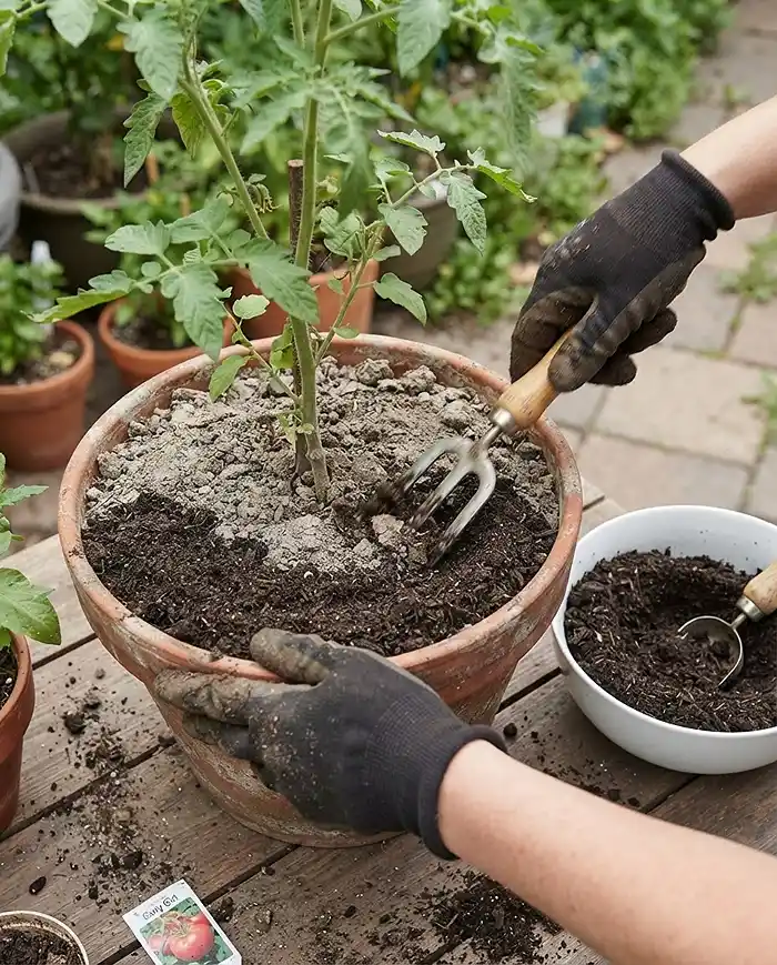 How to Refresh Potting Soil 3 Loosening crusted soil and top‑dressing with a compost‑and‑castings blend to refresh potting soil around a living tomato plant