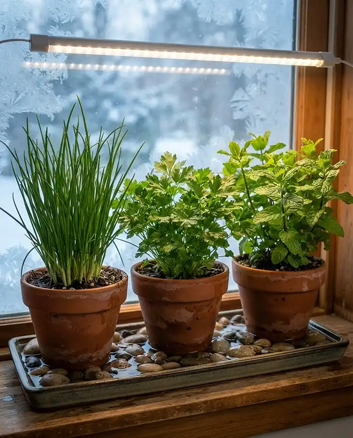 Lush chives, parsley, and mint under a grow light on pebble trays, the easiest herbs for an indoor winter herb garden