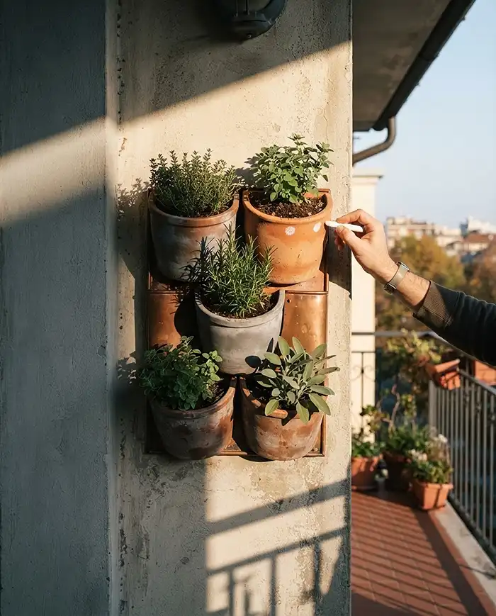 Fall Vertical Herb Garden Ideas That Actually Thrive 2 Marking the sunniest pocket of a vertical herb wall as the lower autumn sun throws half the wall into shade
